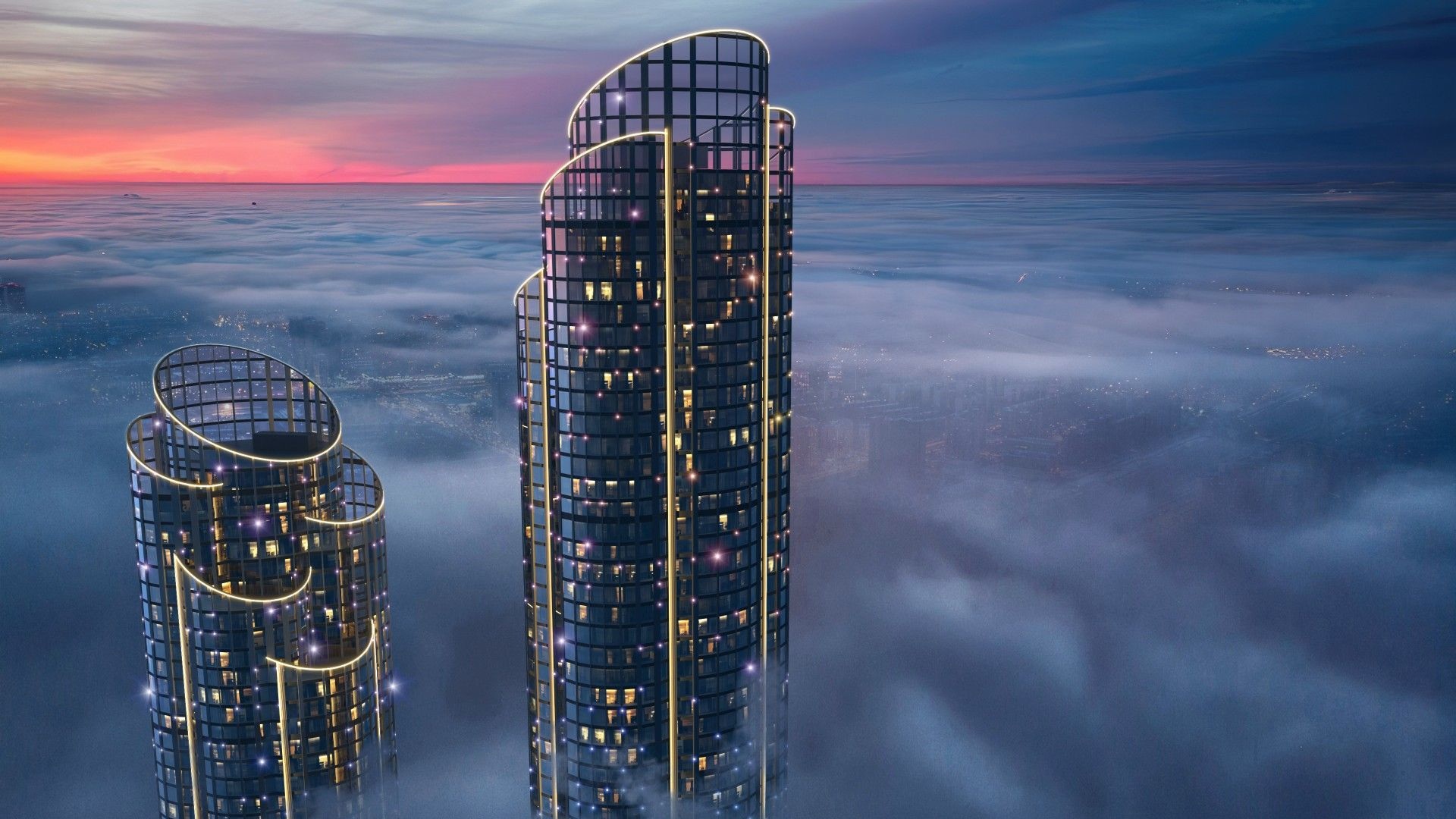 Два здания на фоне облаков