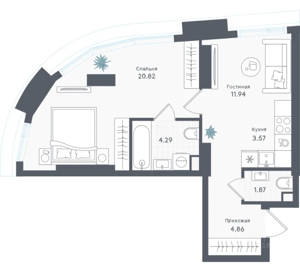Планировка: 1-комнатная, 47.35 м²