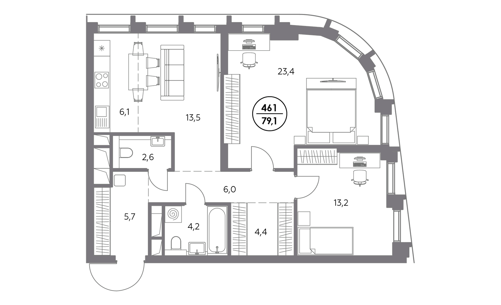 Планировка: 2-комнатная, 79.1 м²