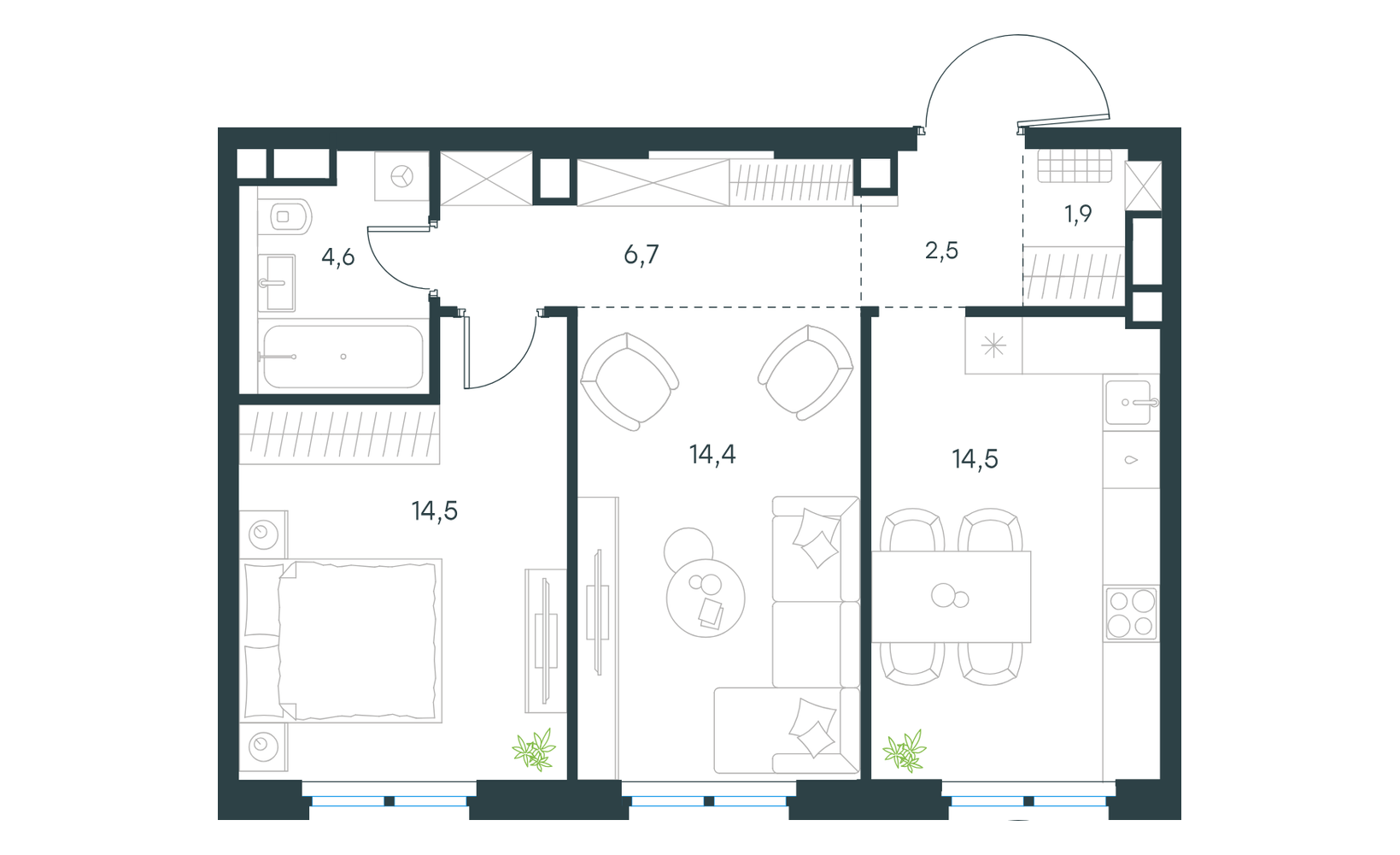 Планировка: 2-комнатная, 59.1 м²