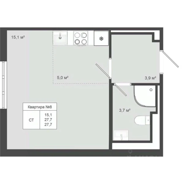 Планировка студии 27,7 м² в Яковлево