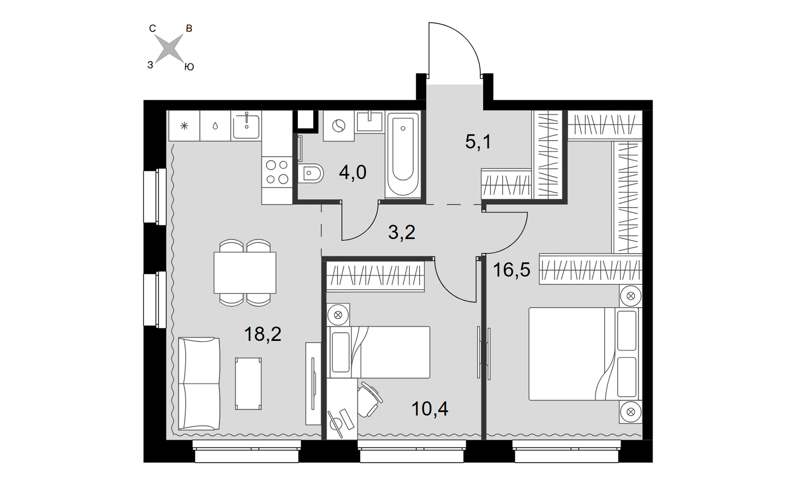Планировка: 3-комнатная, 57.4 м², №127590