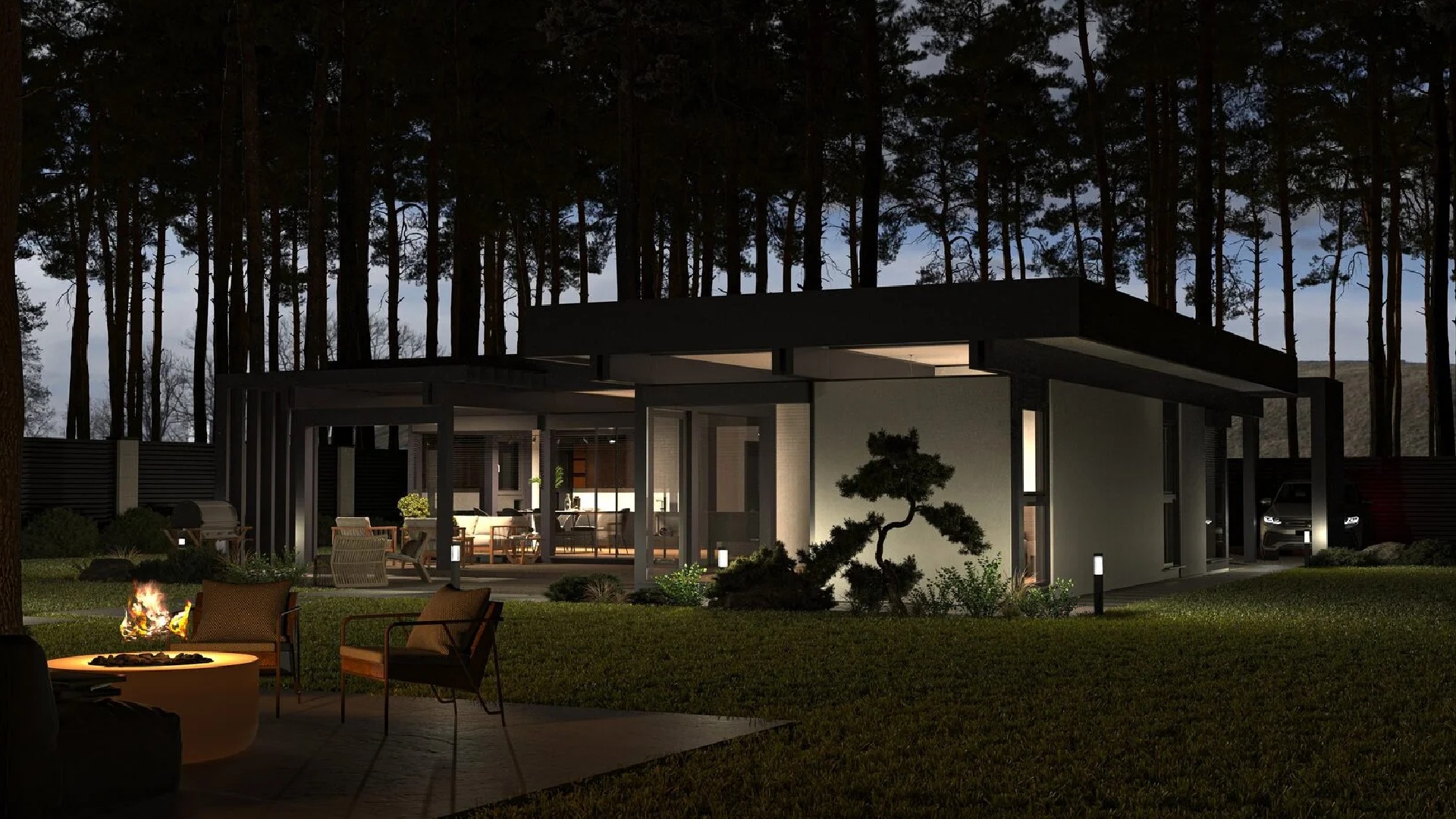 Дом в поселке ночью