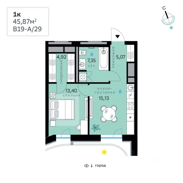 Планировка: 1-комнатная, 45.87 м²