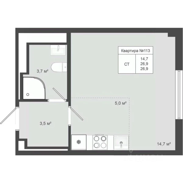 Планировка студии 26,9 м² в Яковлево