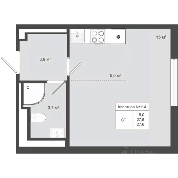 Планировка: Студия, 27.6 м²