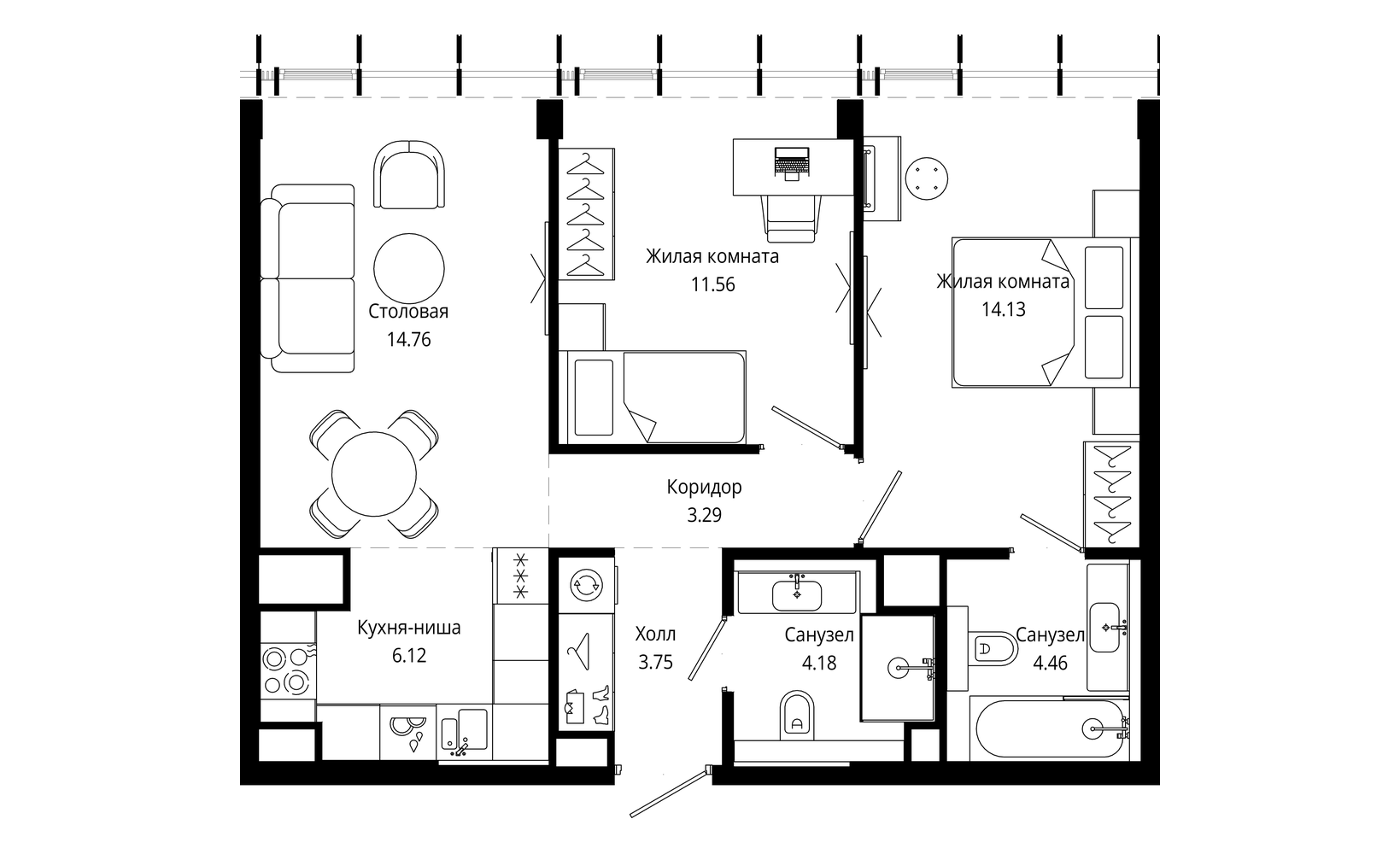 Планировка: 2-комнатная, 62.3 м²
