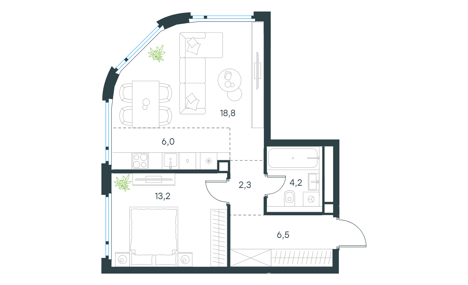 Планировка: 2-комнатная, 51 м²