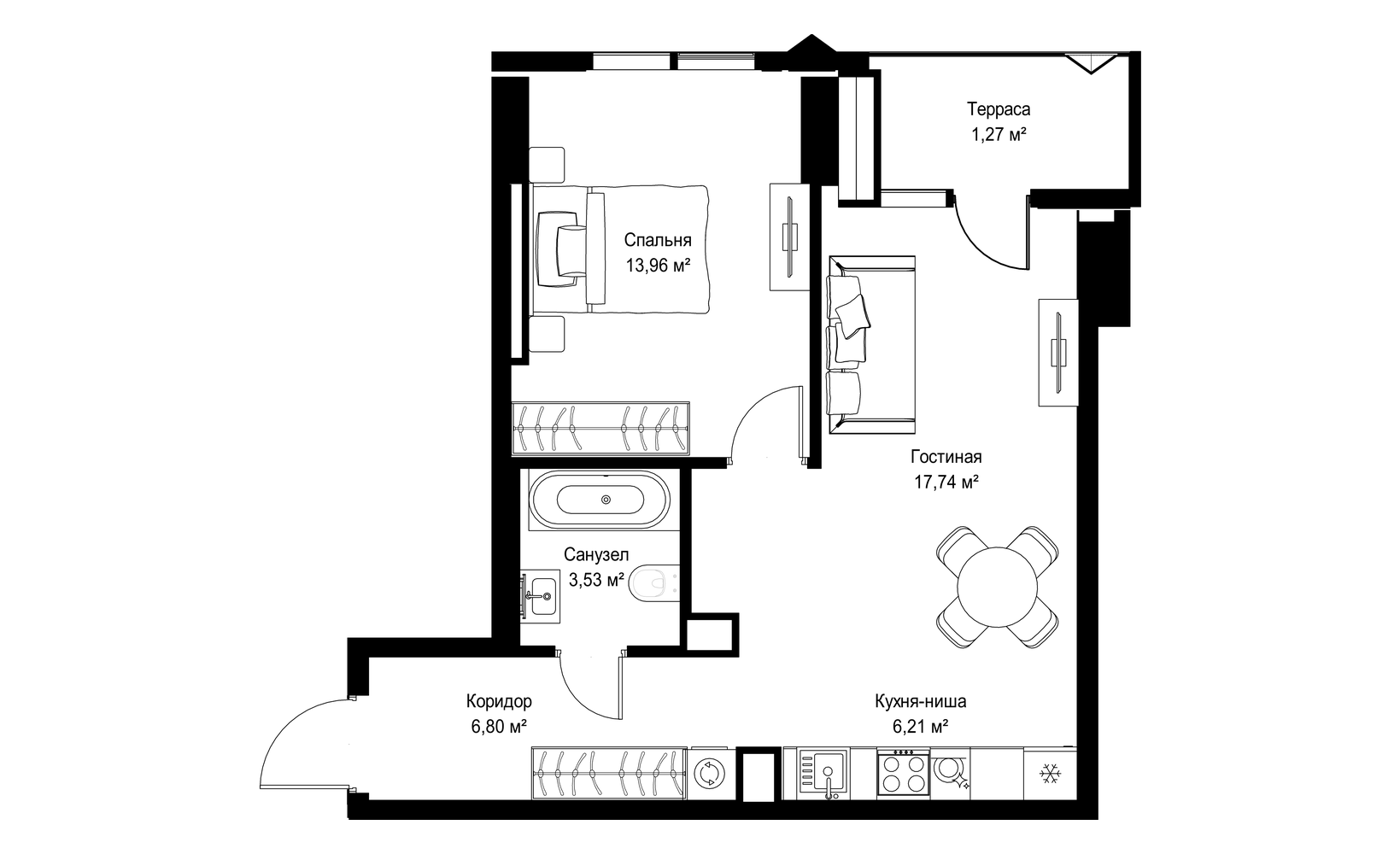 Планировка: 1-комнатная, 49.5 м²