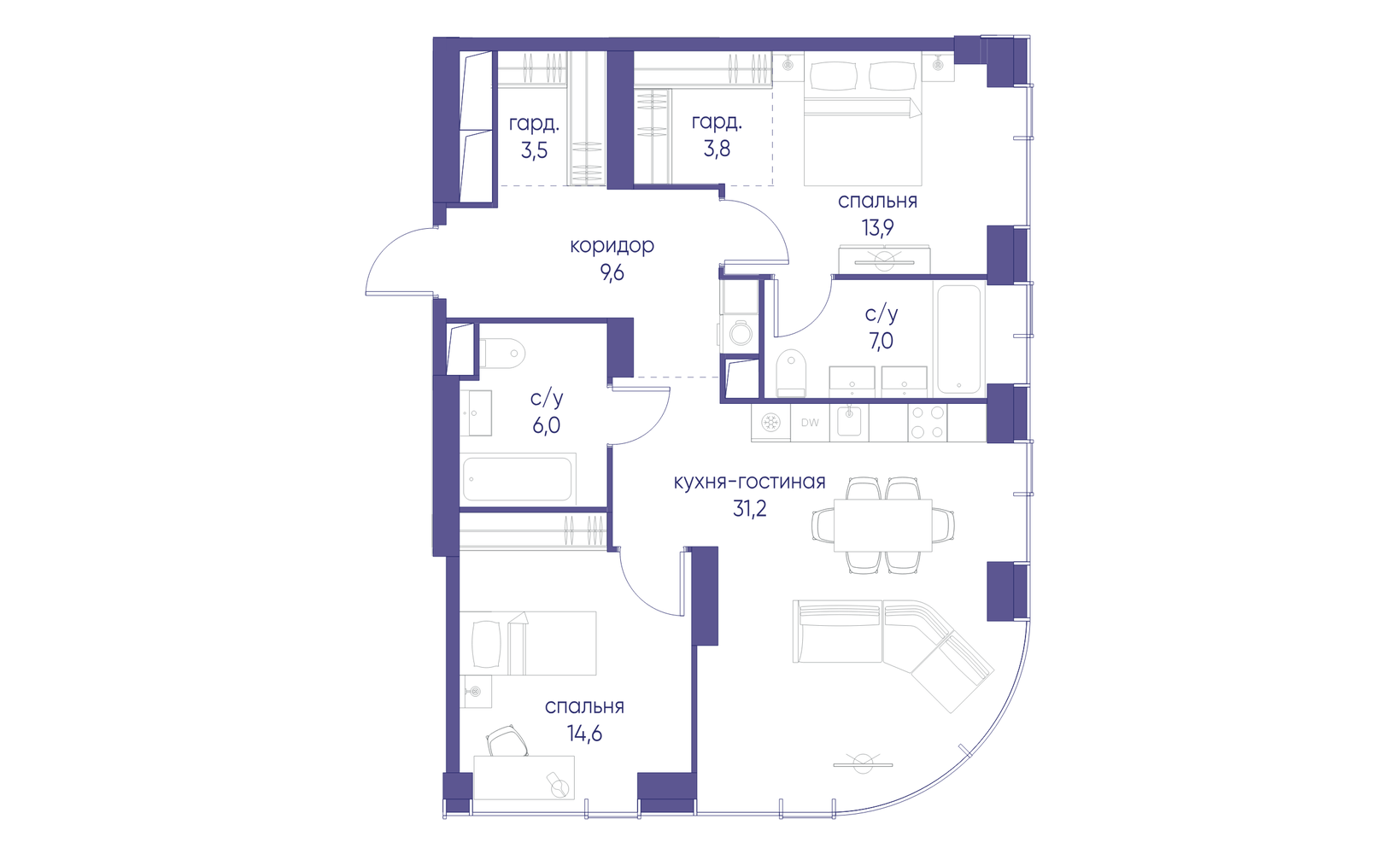 Планировка: 2-комнатная, 89.6 м²