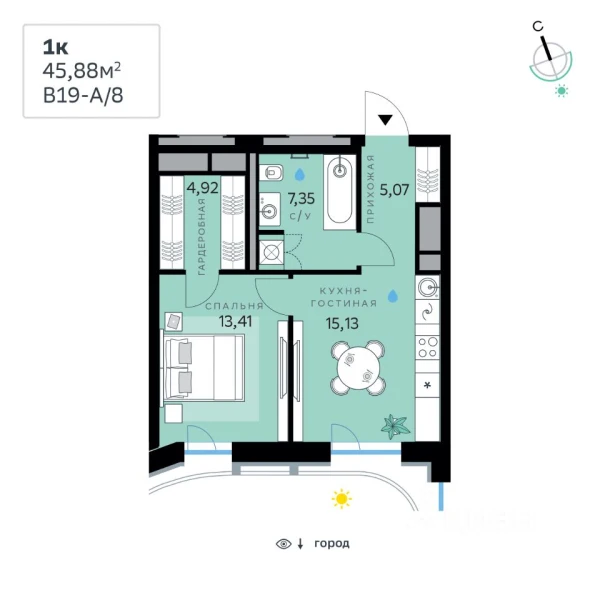 Планировка: 1-комнатная, 45.88 м²