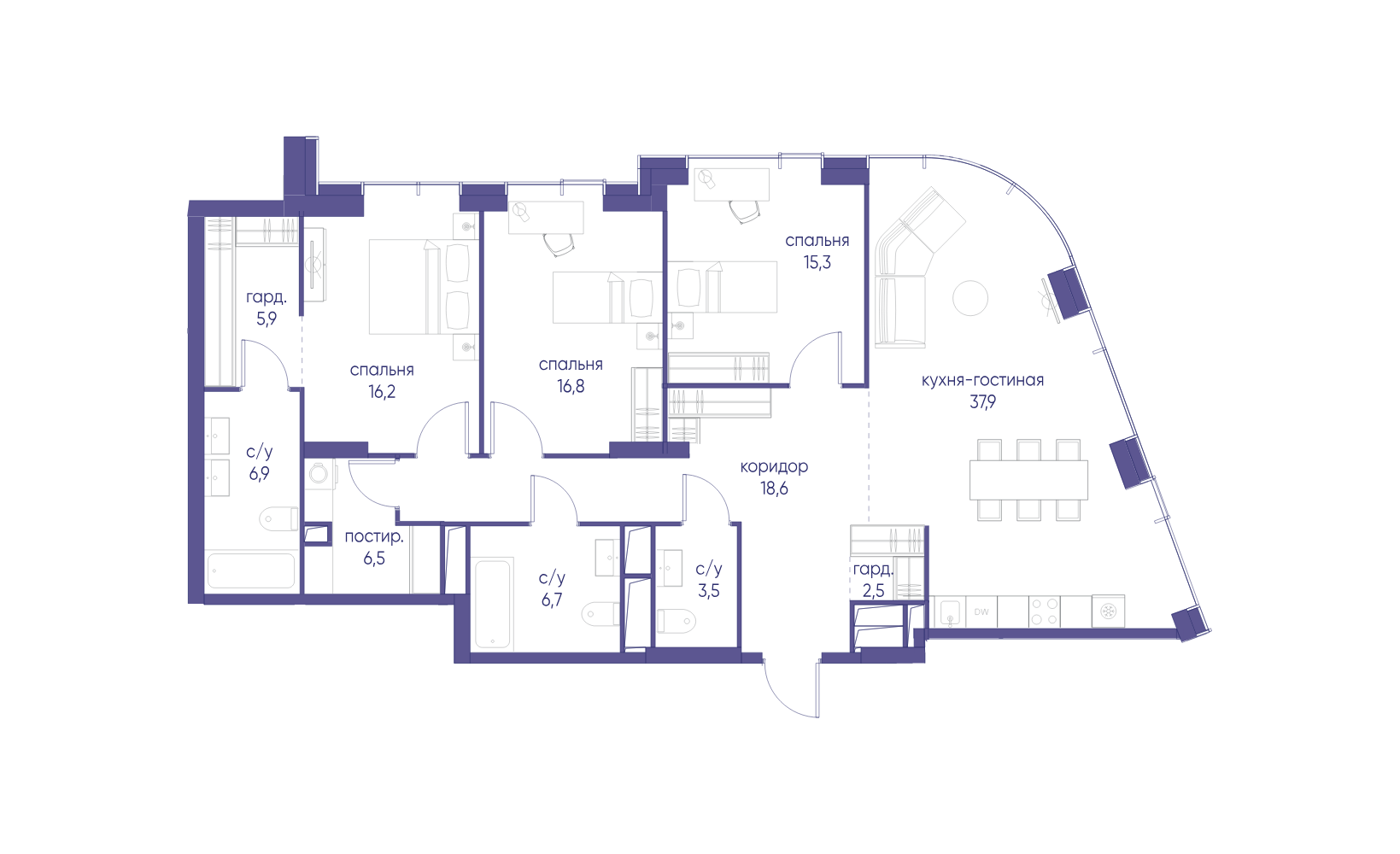 Планировка: 3-комнатная, 136.8 м²
