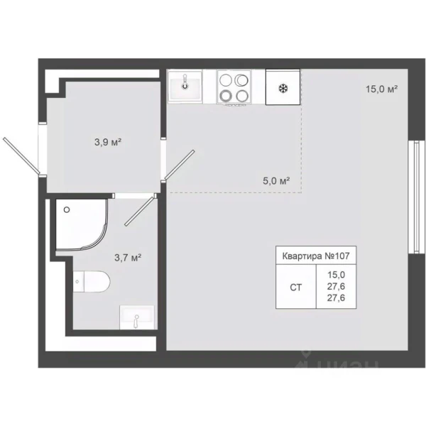 Планировка студии 27,6 м² в Яковлево