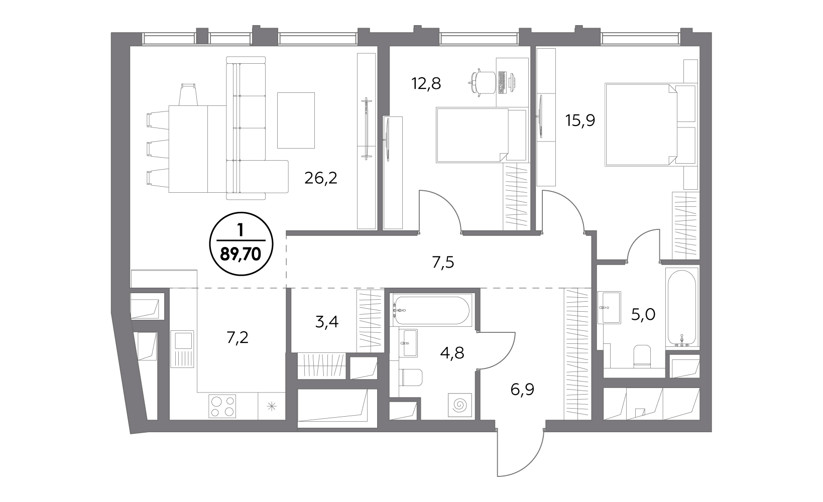Планировка: 2-комнатная, 89.7 м²
