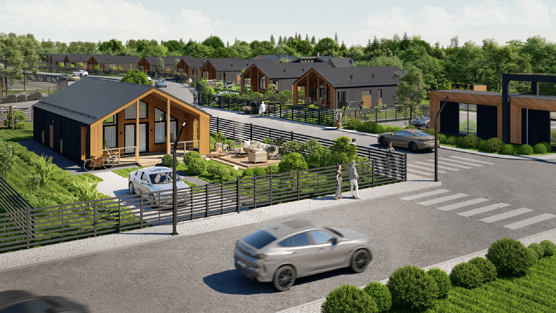 Асфальтированная улица с пешеходным переходом в коттеджном поселке