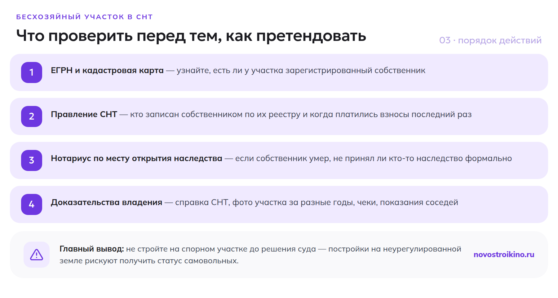Порядок проверки перед оформлением бесхозяйного участка: ЕГРН, правление СНТ, нотариус, доказательства владения
