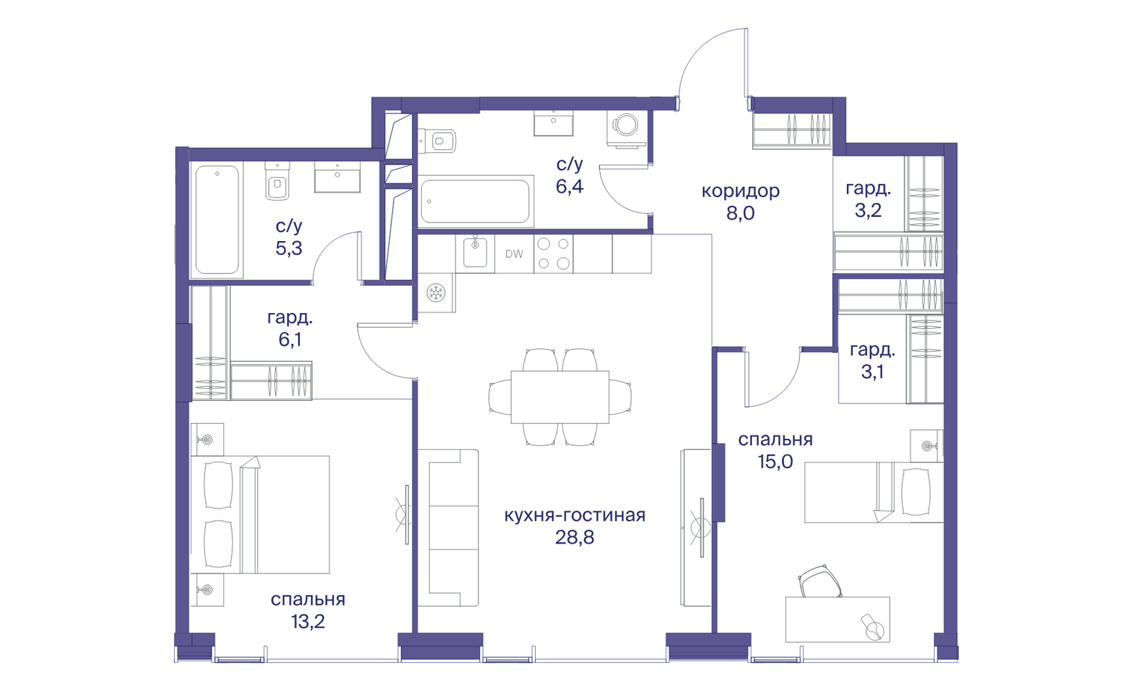 Планировка: 2-комнатная, 89.1 м²