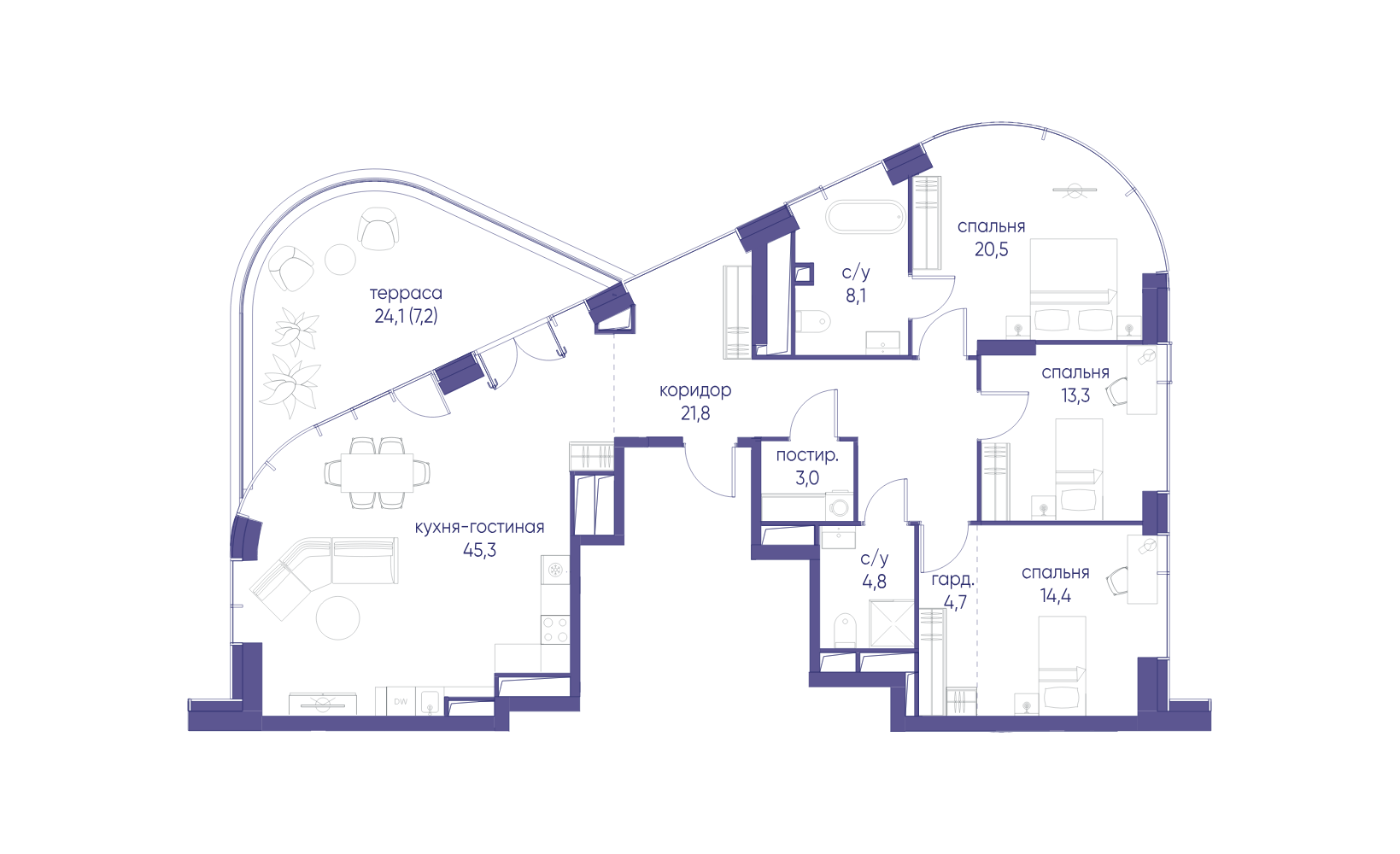 Планировка: 3-комнатная, 143.2 м²
