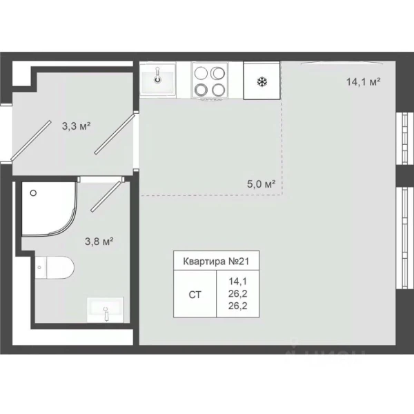Планировка студии 26,2 м² в Яковлево