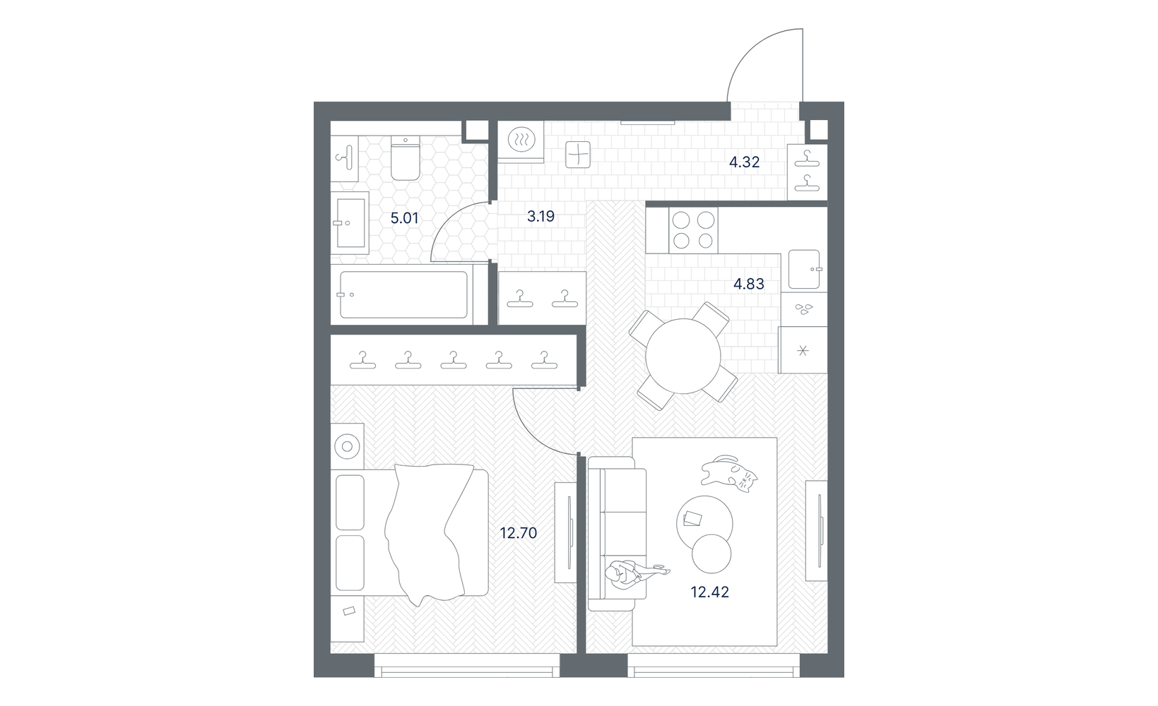 Планировка: 1-комнатная, 42.8 м², №128002
