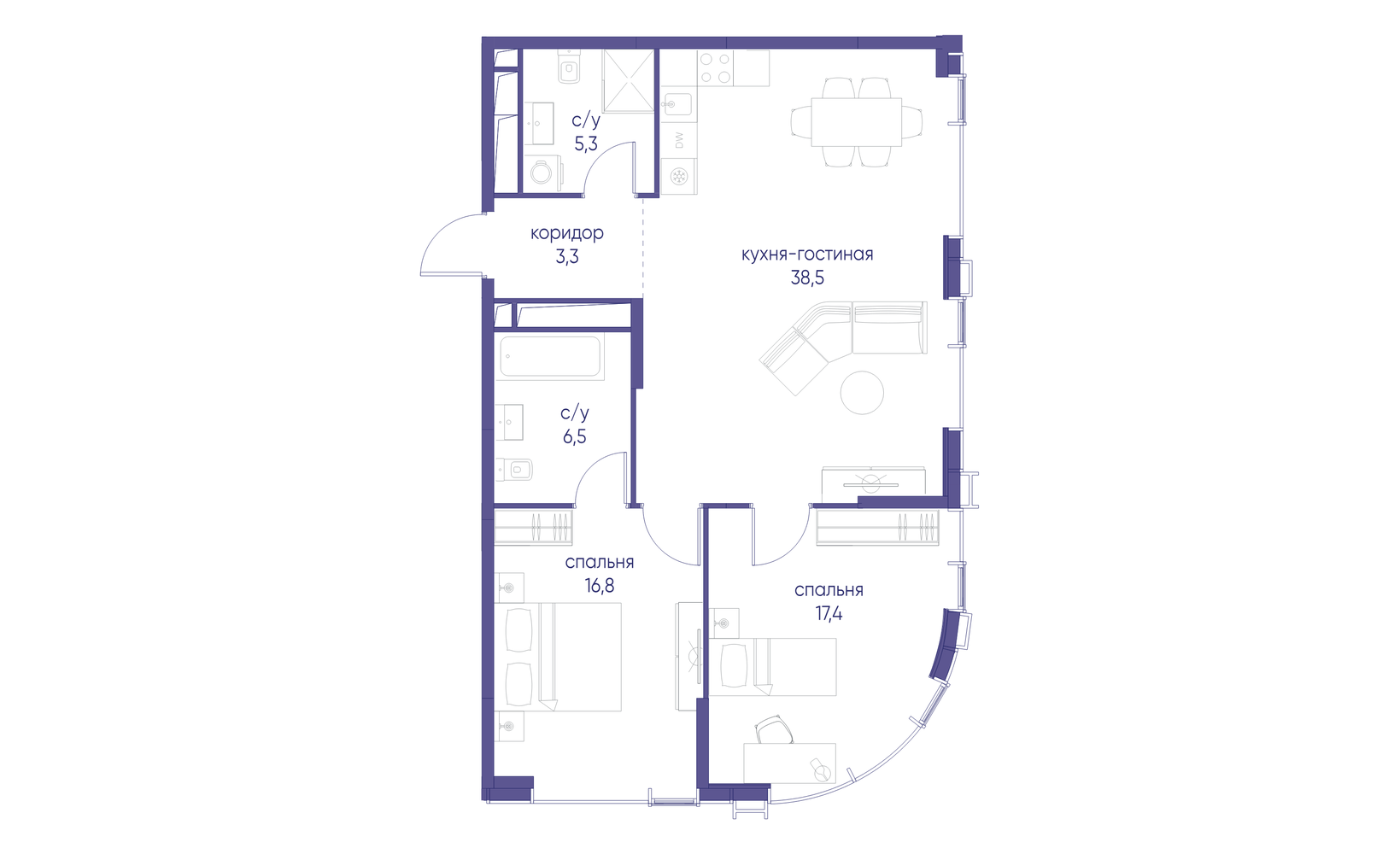 Планировка: 2-комнатная, 87.8 м², №126849