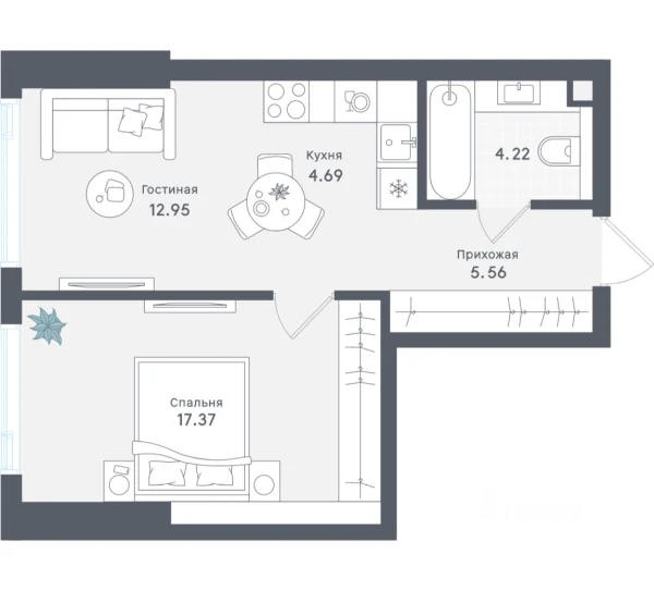 Планировка: 1-комнатная, 44.79 м²