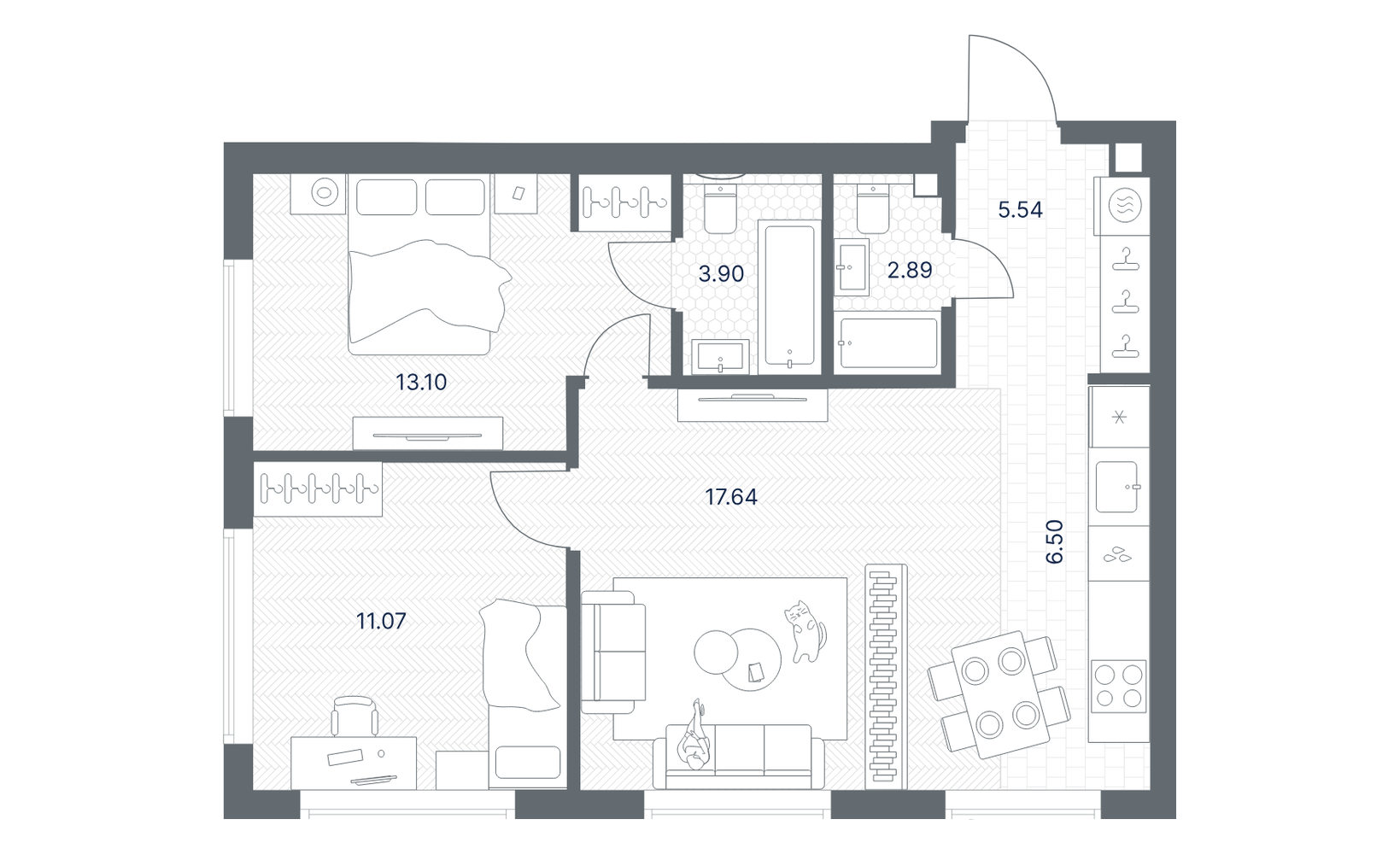 Планировка: 2-комнатная, 60.6 м²