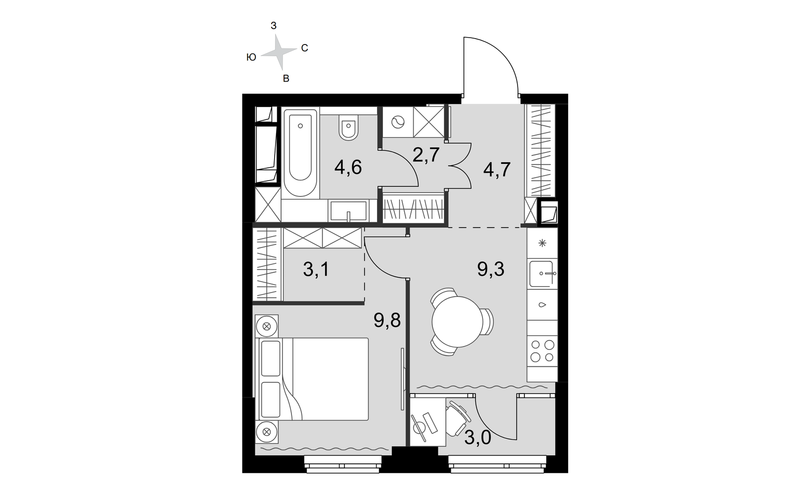 Планировка: 1-комнатная, 37.2 м²