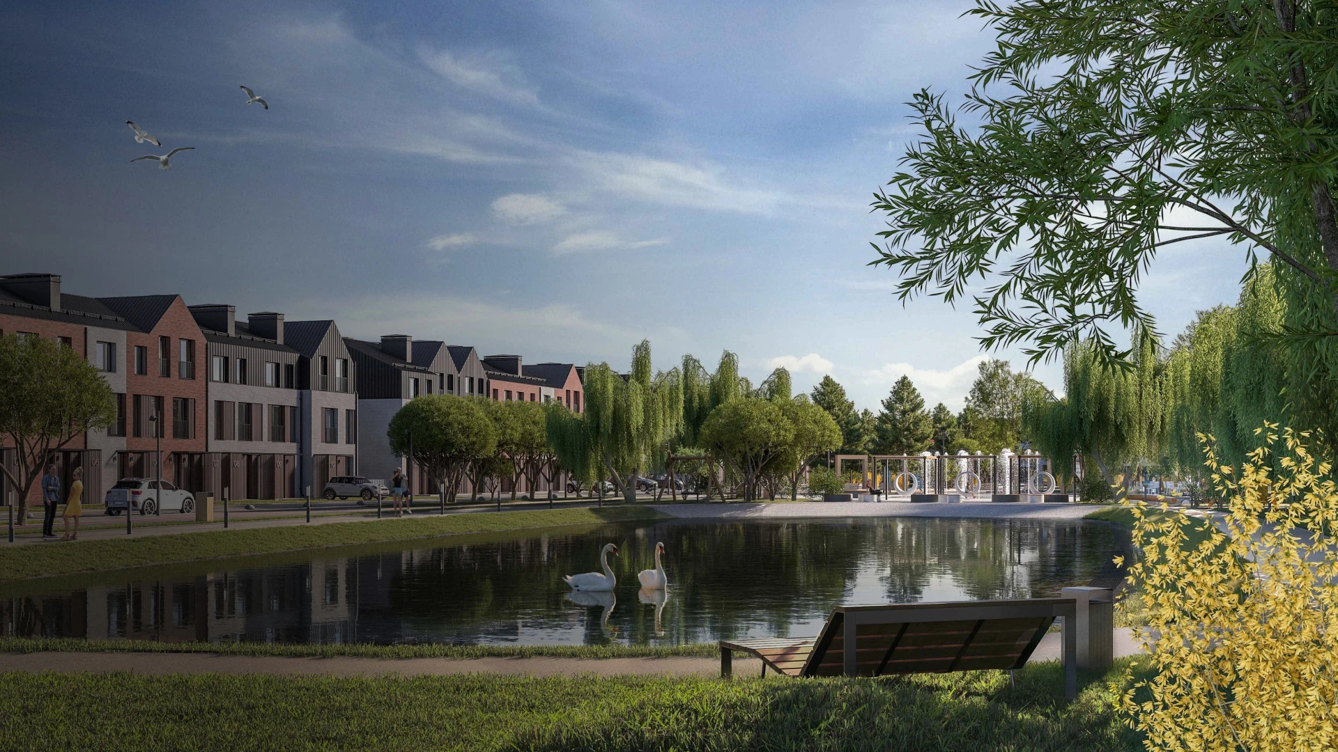 Скамейка у пруда в коттеджном поселке