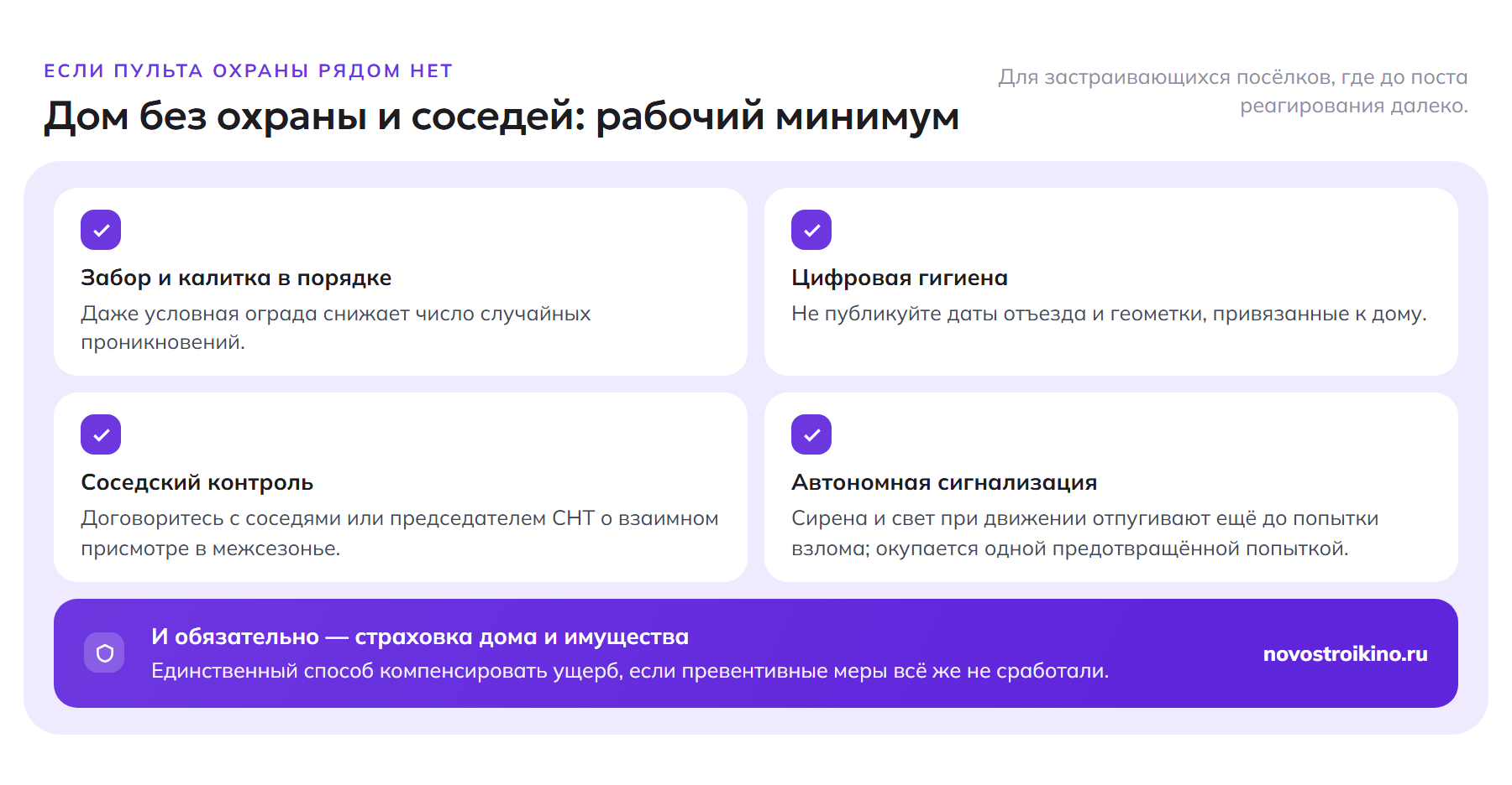 Рабочий минимум для дома без пульта: забор, цифровая гигиена, соседский контроль, автономная сигнализация, страховка