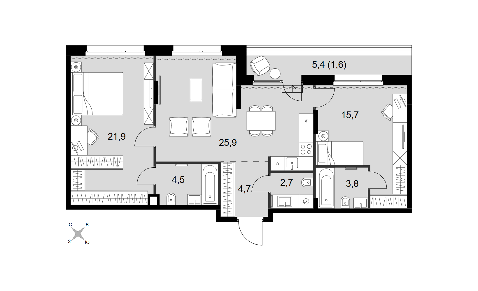 Планировка: 3-комнатная, 80.8 м²
