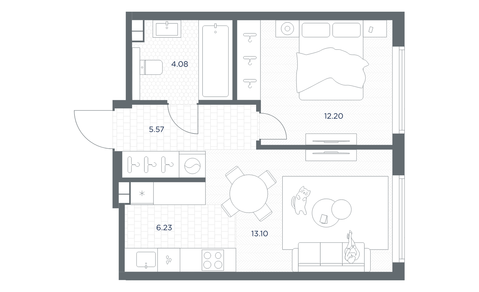 Планировка: 1-комнатная, 41.2 м²