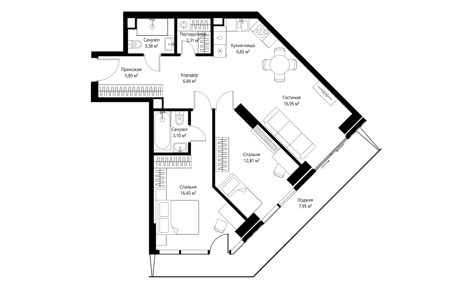 Планировка: 2-комнатная, 82.2 м²