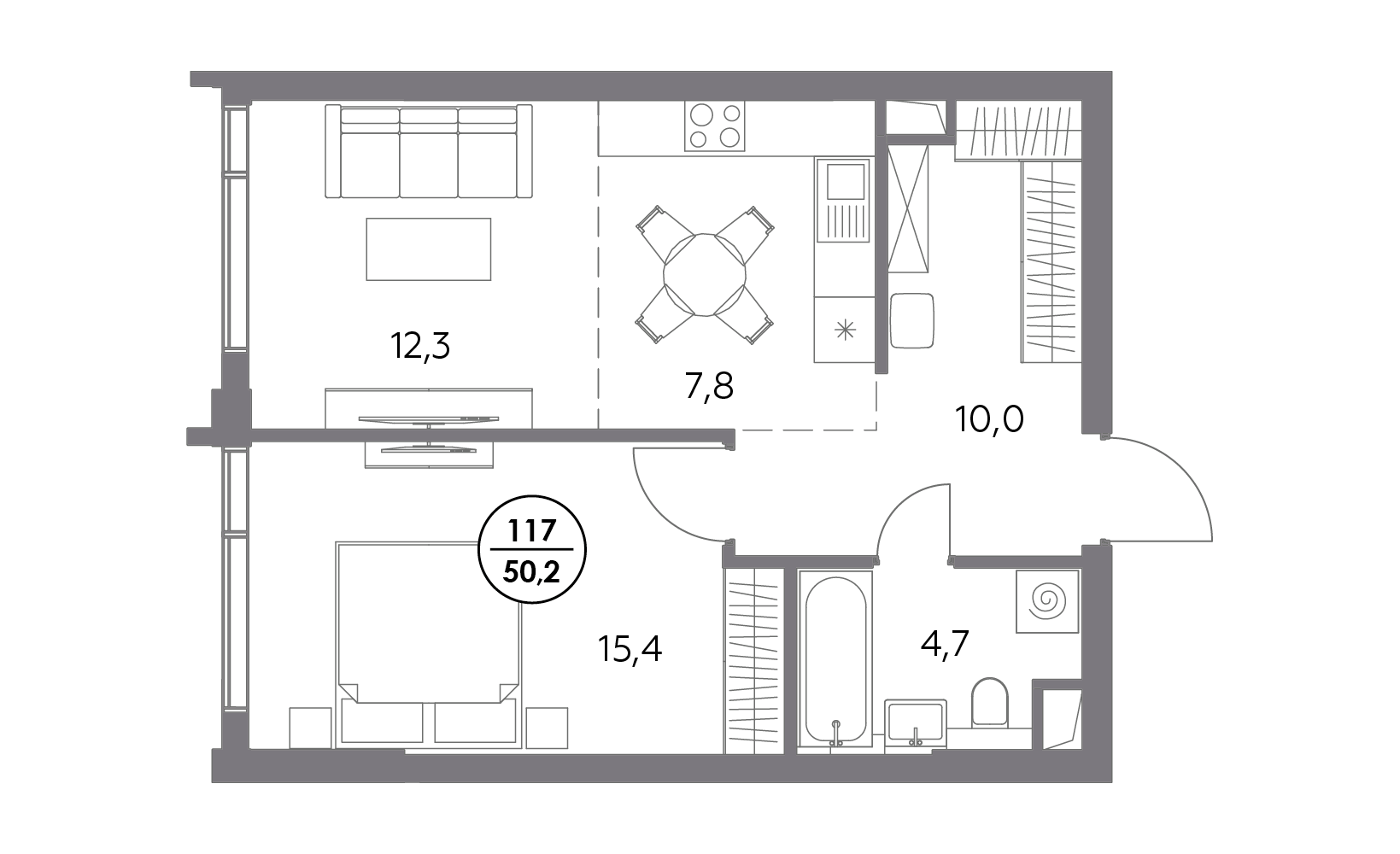 Планировка: 1-комнатная, 50.2 м²