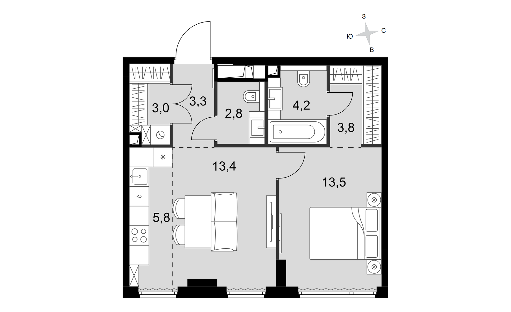 Планировка: 2-комнатная, 49.8 м²