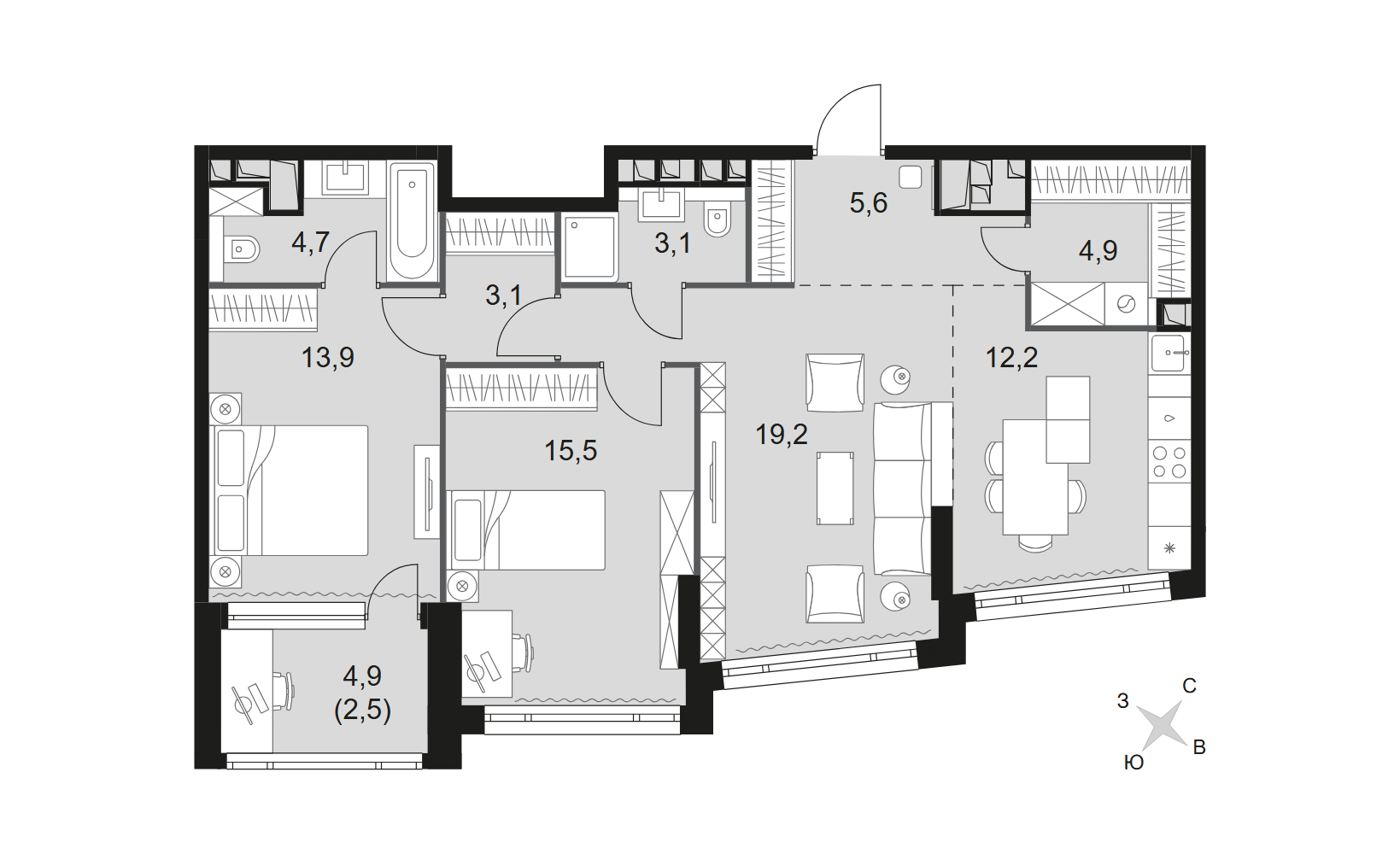 Планировка: Трехкомнатная квартира ЖК «Rotterdam (Роттердам)», 84.7 м², №3124