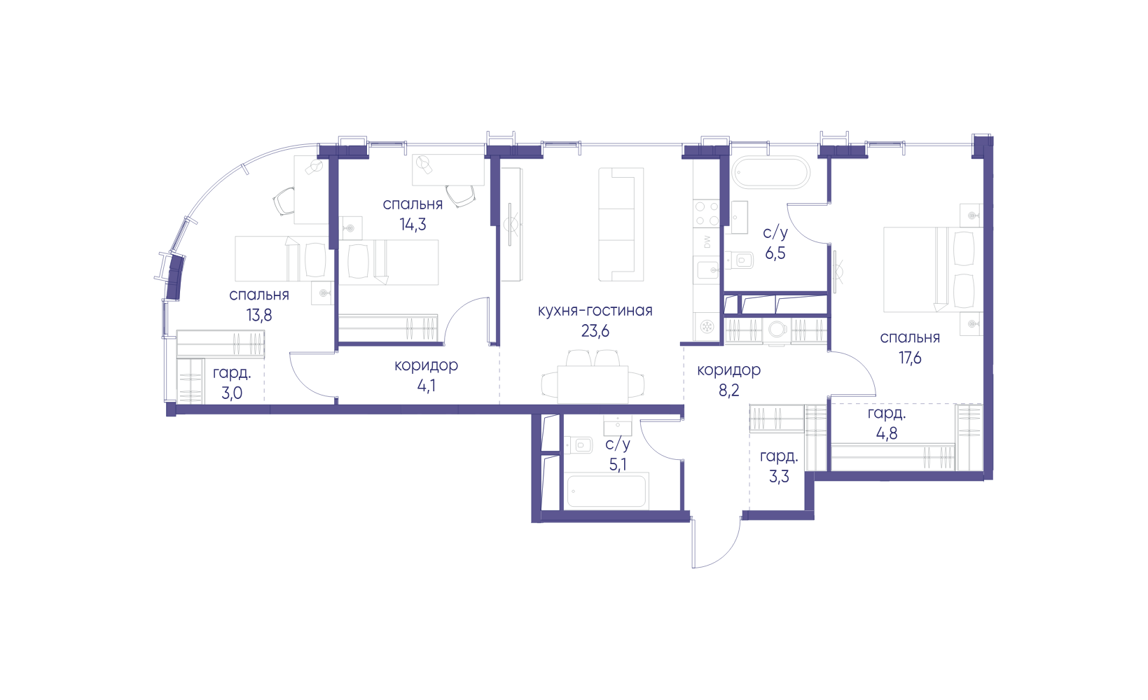 Планировка: 3-комнатная, 104.3 м²