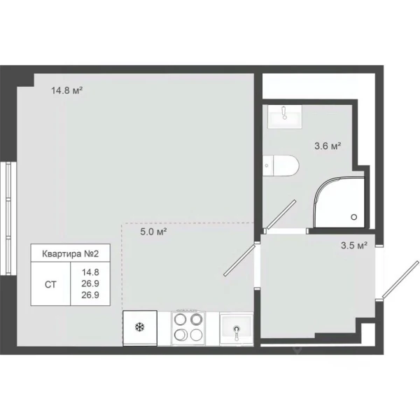 Планировка студии 26,9 м² в Яковлево