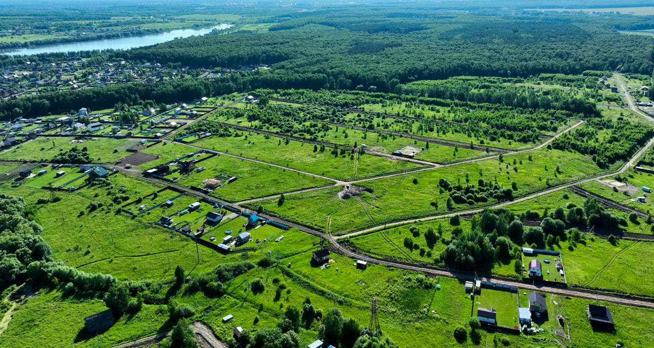 Улицы с дорогами в коттеджном поселке с домами у леса, вид сверху