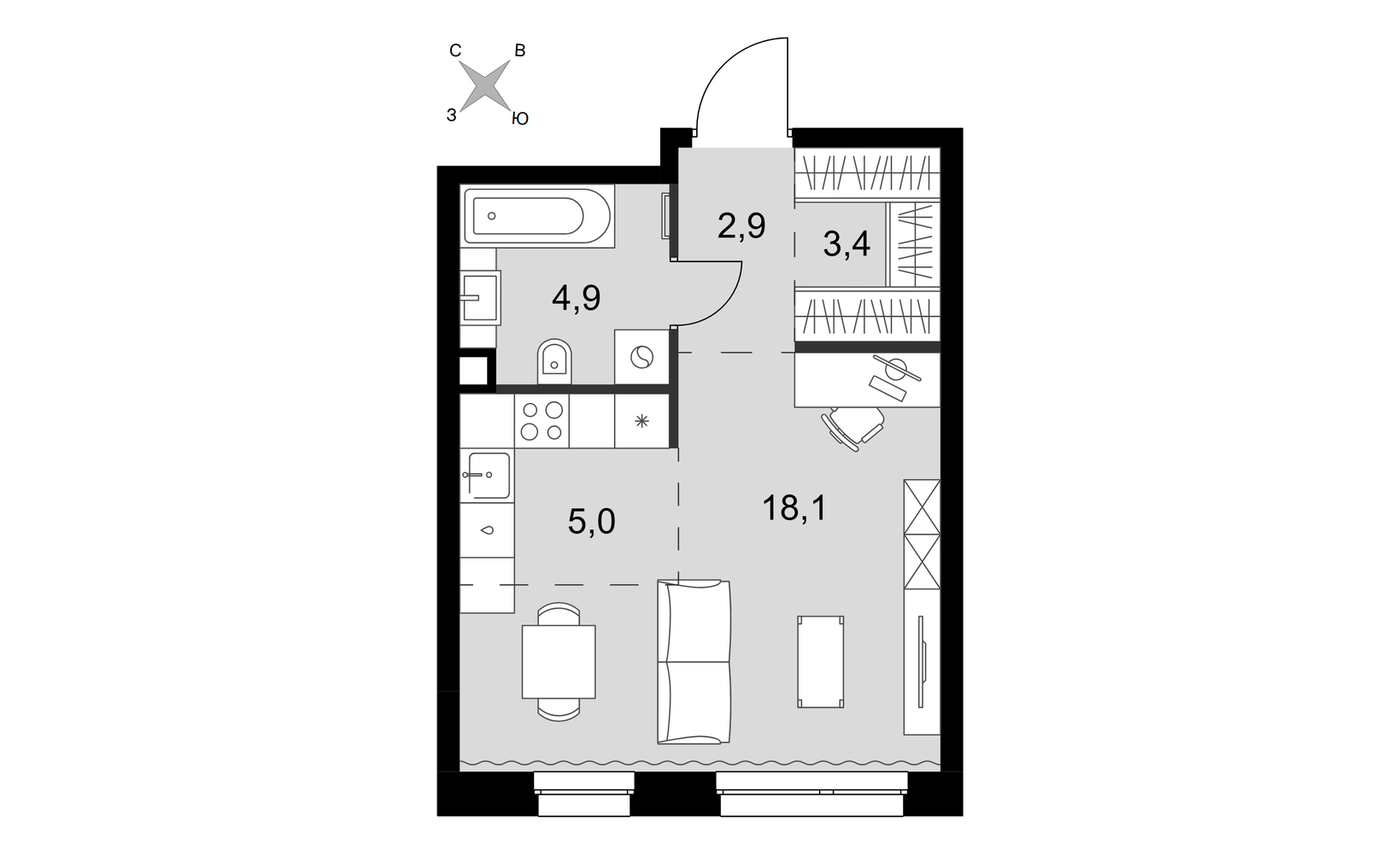 Планировка: Студия, 34.3 м², №127582