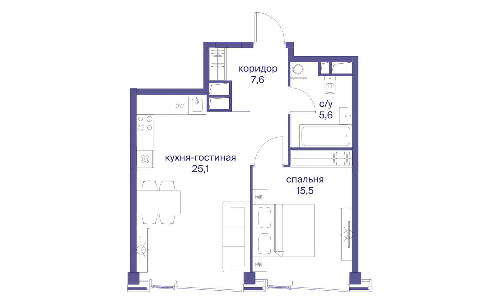Планировка: 1-комнатная, 53.8 м²
