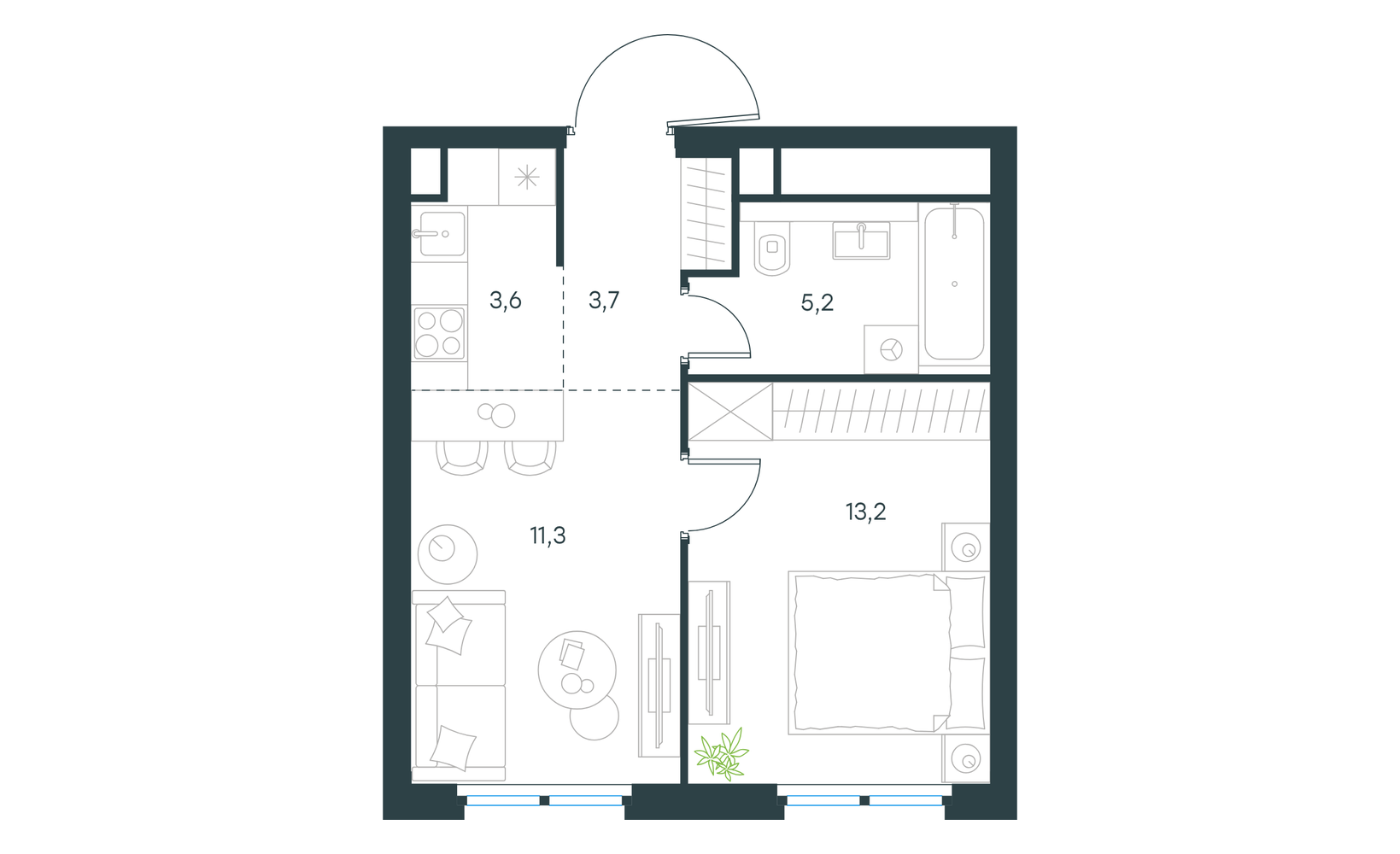 Планировка: 2-комнатная, 37 м²