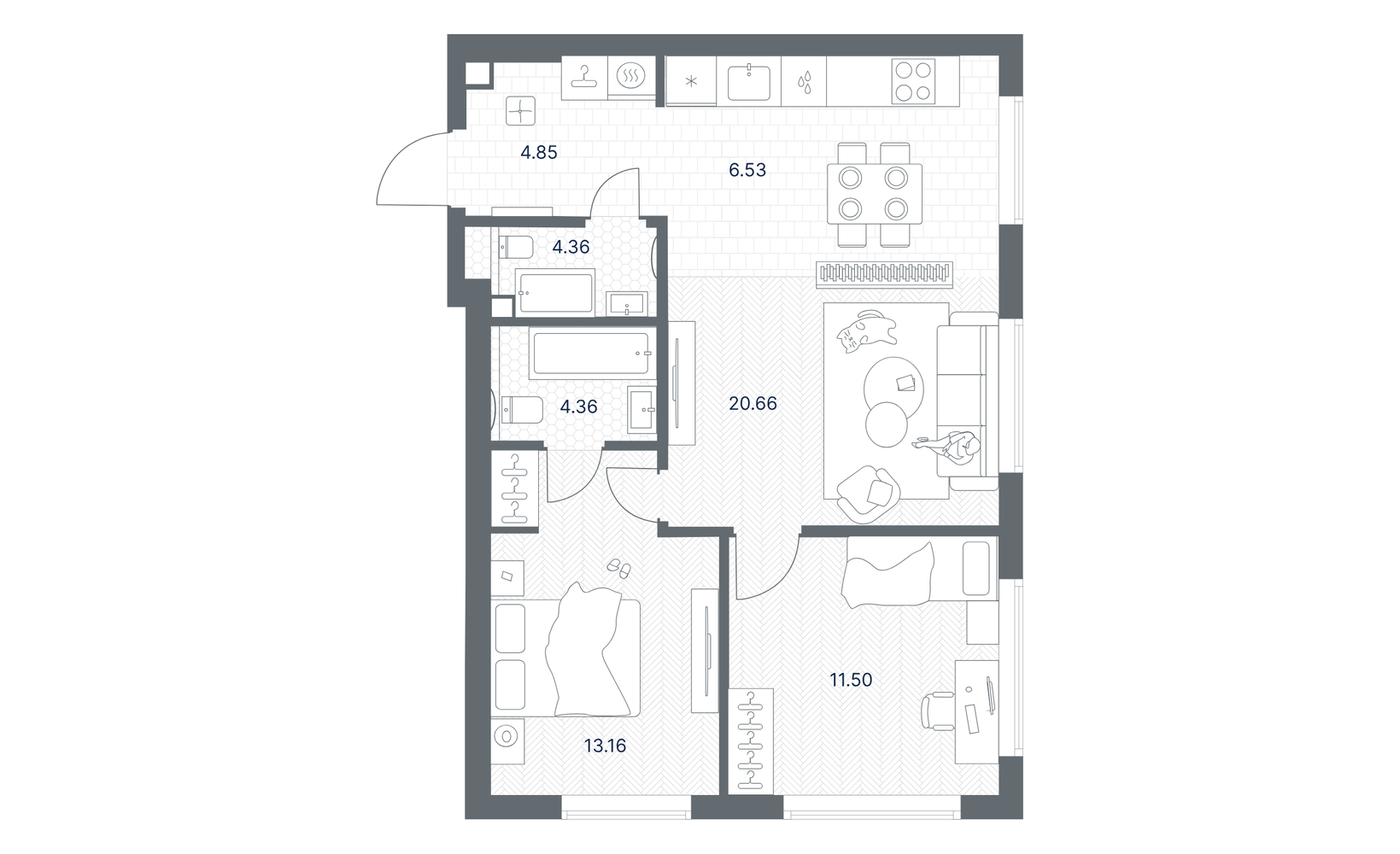 Планировка: 2-комнатная, 65.4 м²