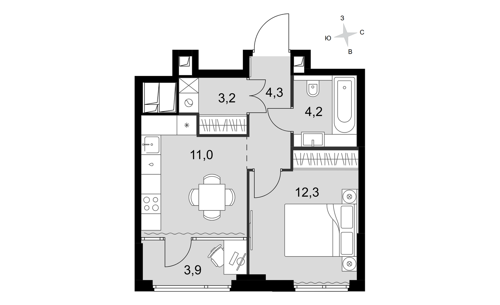 Планировка: 1-комнатная, 38.9 м²