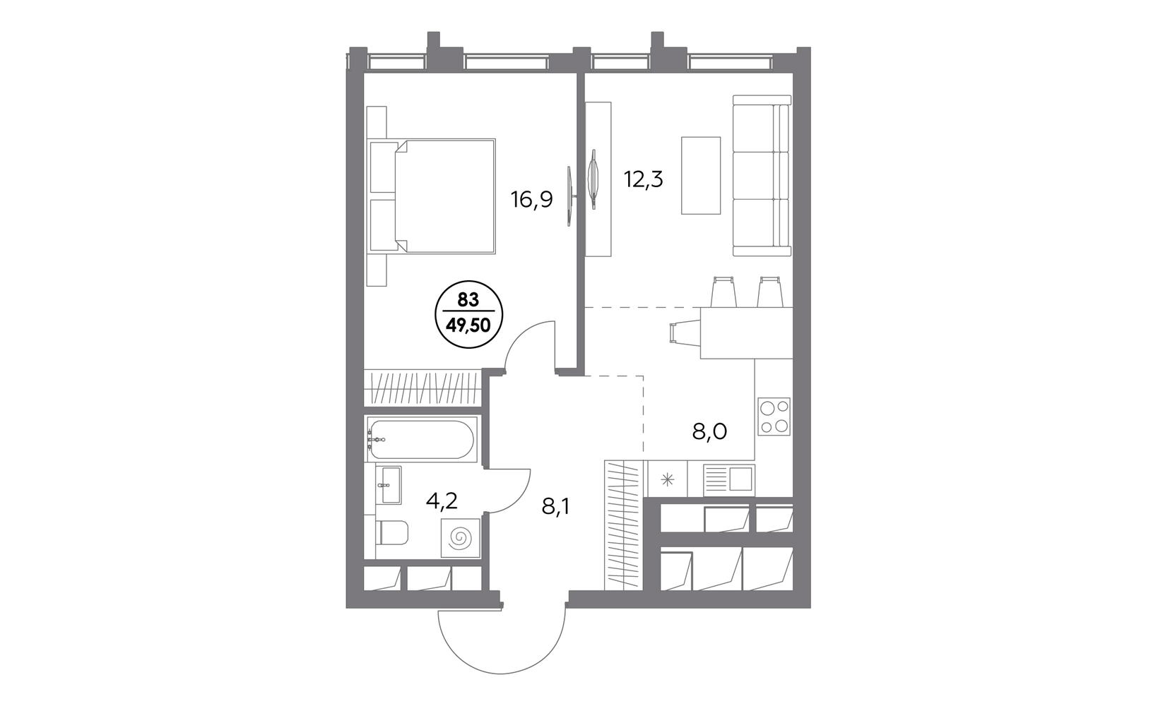 Планировка: 1-комнатная, 49.5 м², №125871