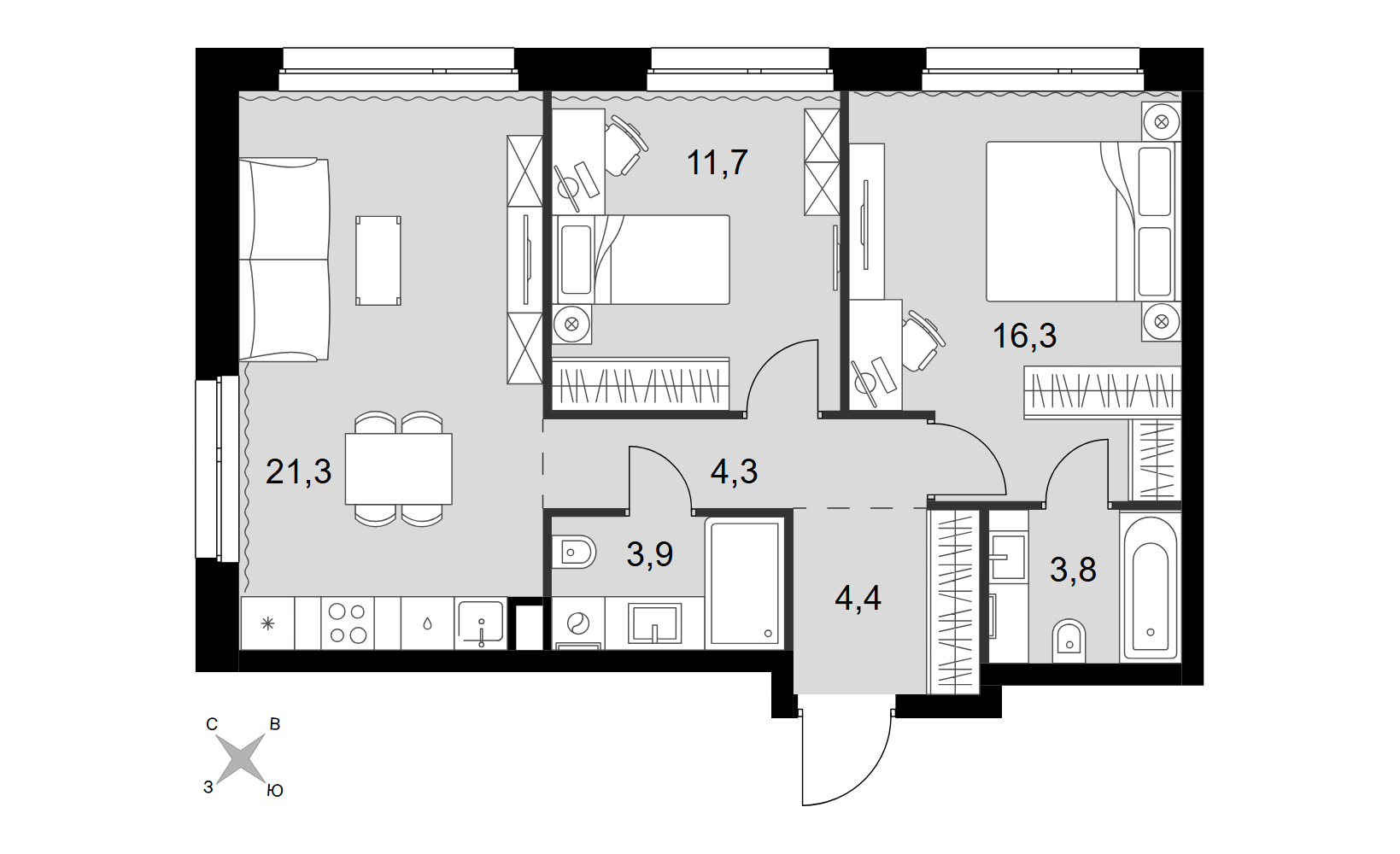Планировка: 3-комнатная, 65.7 м²