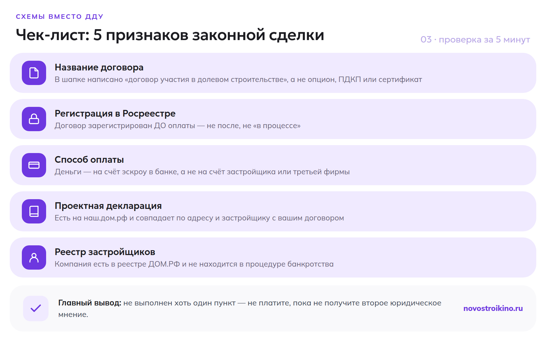 Чек-лист из 5 признаков законной сделки при покупке новостройки