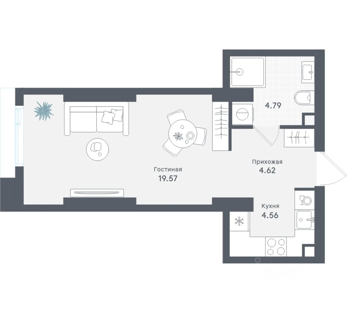 Планировка: Студия, 33.54 м², №114773