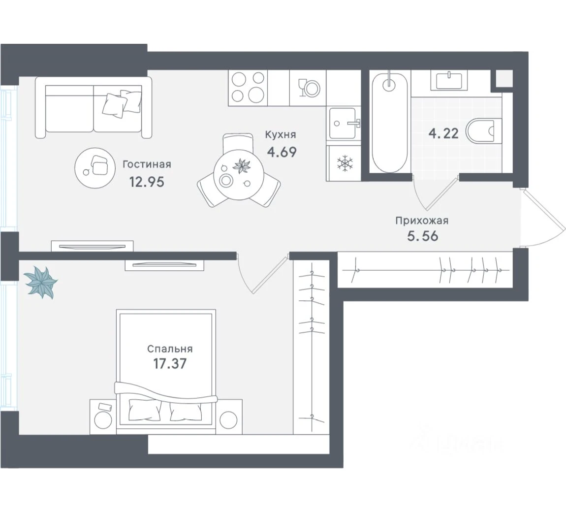 Планировка: 1-комнатная, 44.79 м², №114737