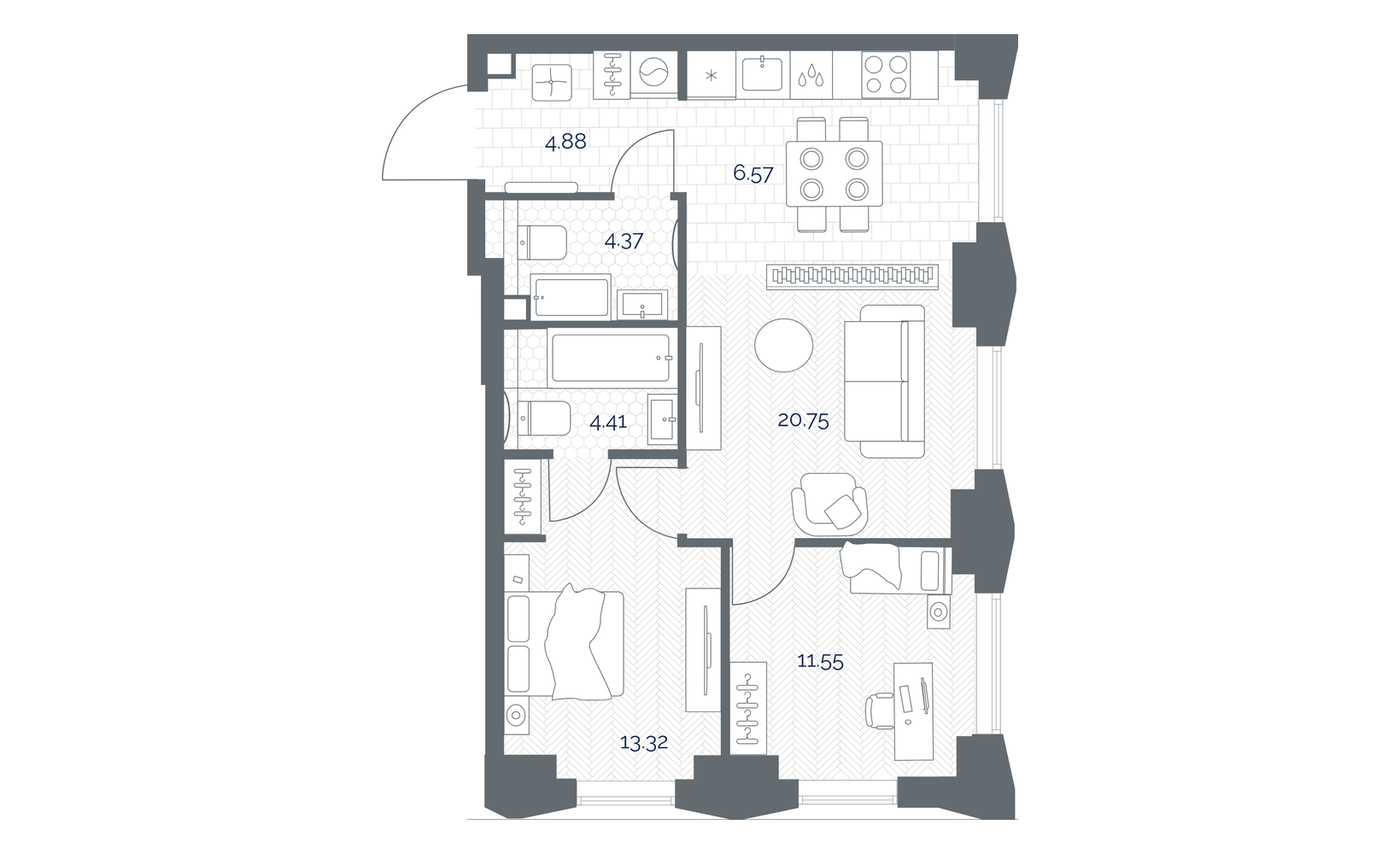 Планировка: 2-комнатная, 65.8 м²